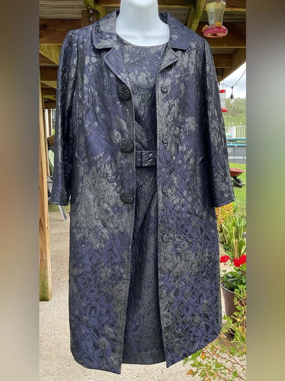 Carlisle Size 6 Y2K Navy Metallic Brocade Dress Long Coat 2 Piece Formal Set